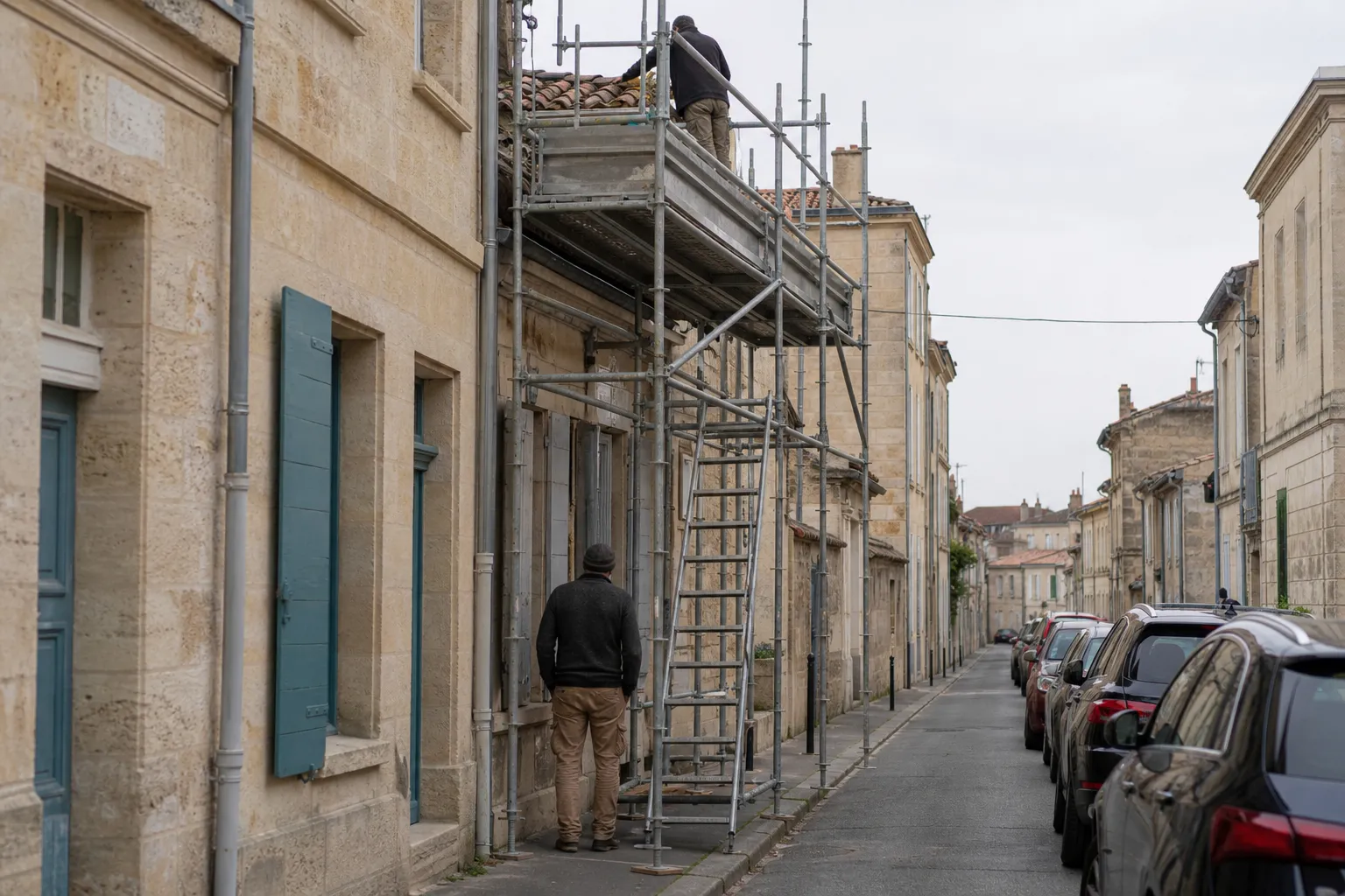 Échafaudage monté dans une rue étroite, presque aucun passage entre la structure et les voitures d’en face