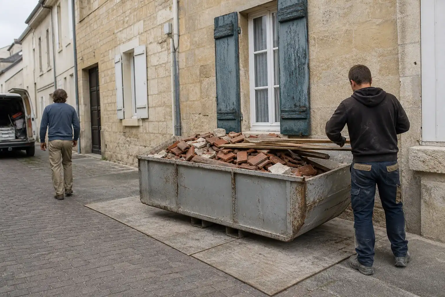 Benne posée sur le trottoir devant une maison en pierre, remplie de tuiles cassées et de vieux liteaux