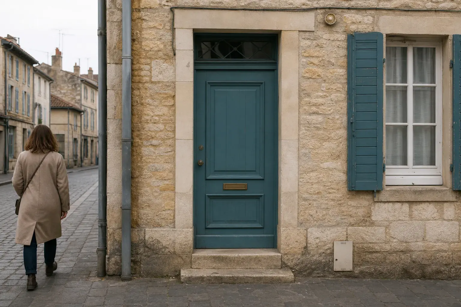 Porte d’entrée fermée d’une maison de ville en pierre vue du trottoir, seuil vide et boiserie bleu-vert