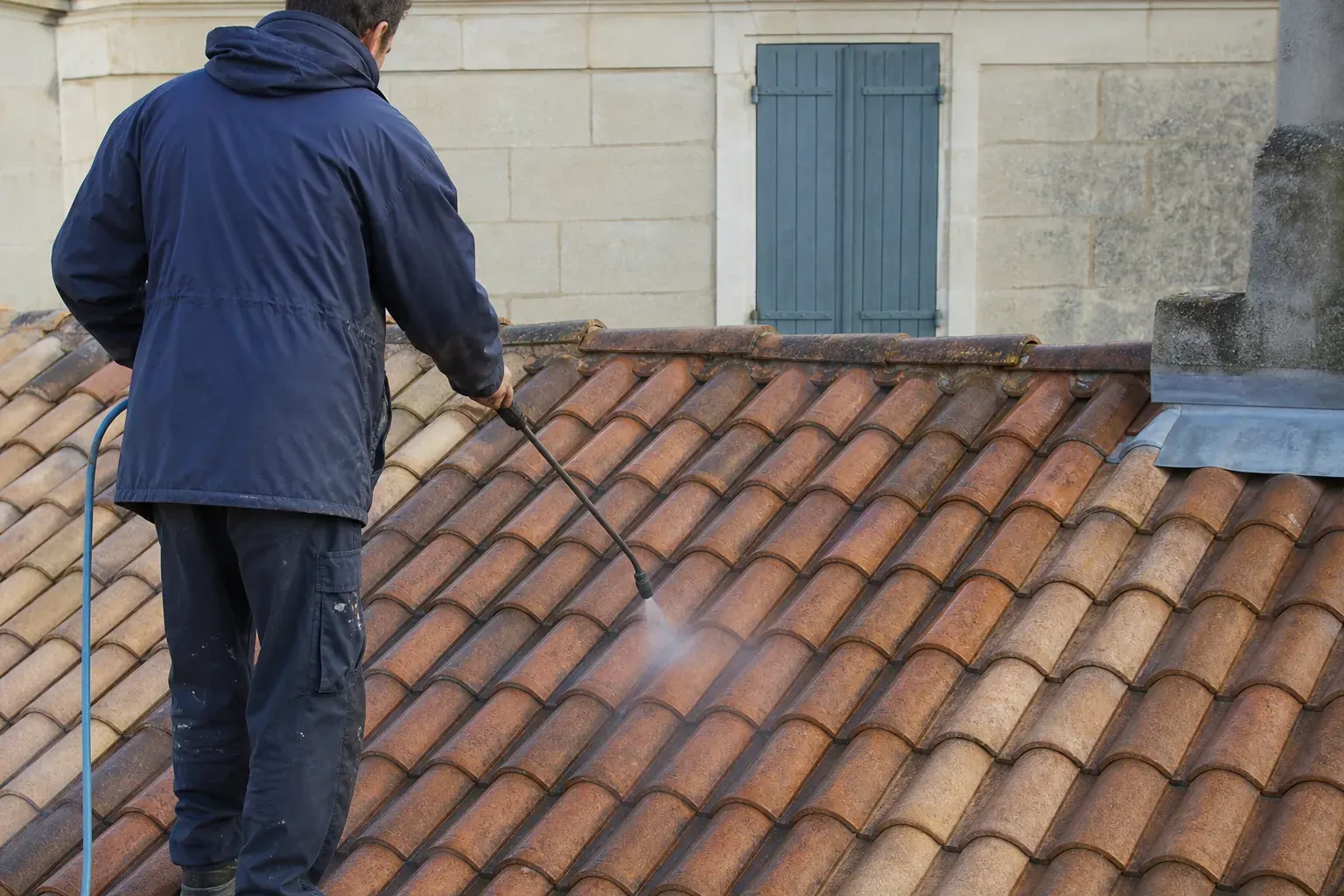 Traitement hydrofuge pulvérisé à basse pression sur une toiture propre, surface qui fonce à l’application