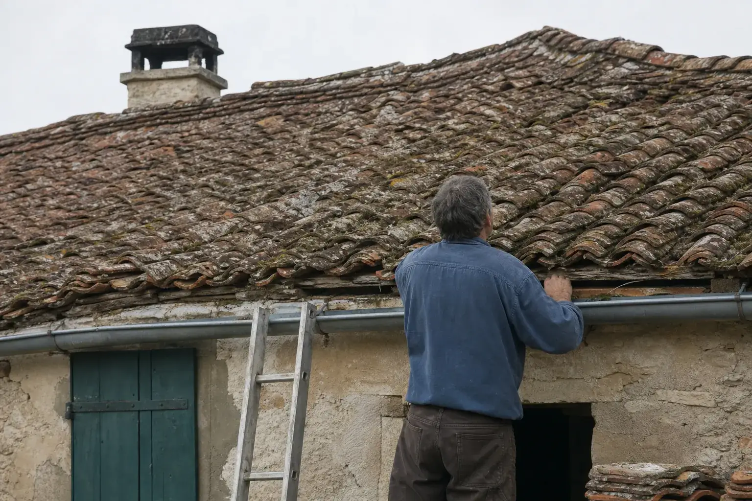 Toiture en fin de vie, tuiles poreuses et écaillées, rang glissé près de l’égout et faîtage affaissé