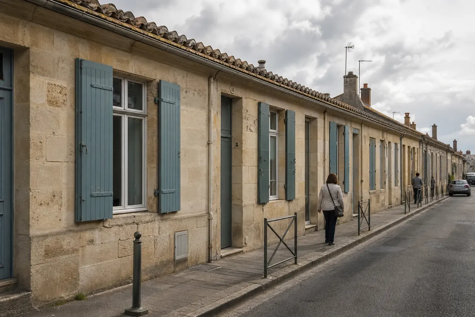 Rue d’échoppes bordelaises de plain-pied, façades en pierre de taille et volets peints en bleu-vert