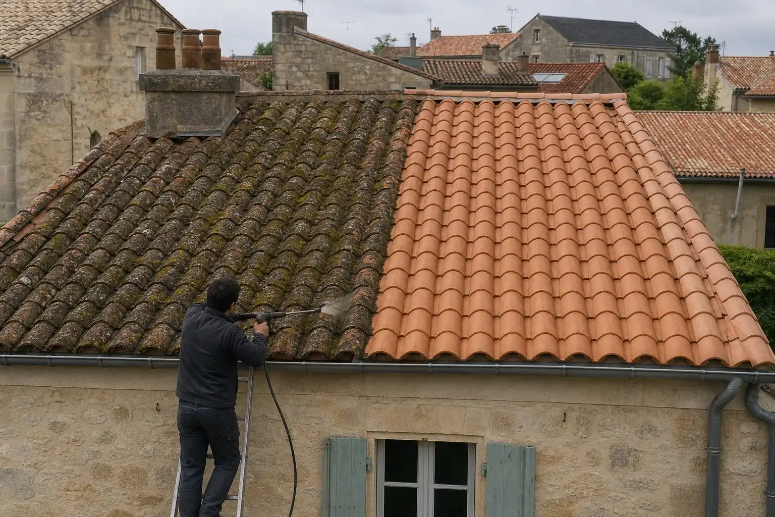 Versant de toiture nettoyé sur une moitié, mousse et lichen encore en place sur l’autre