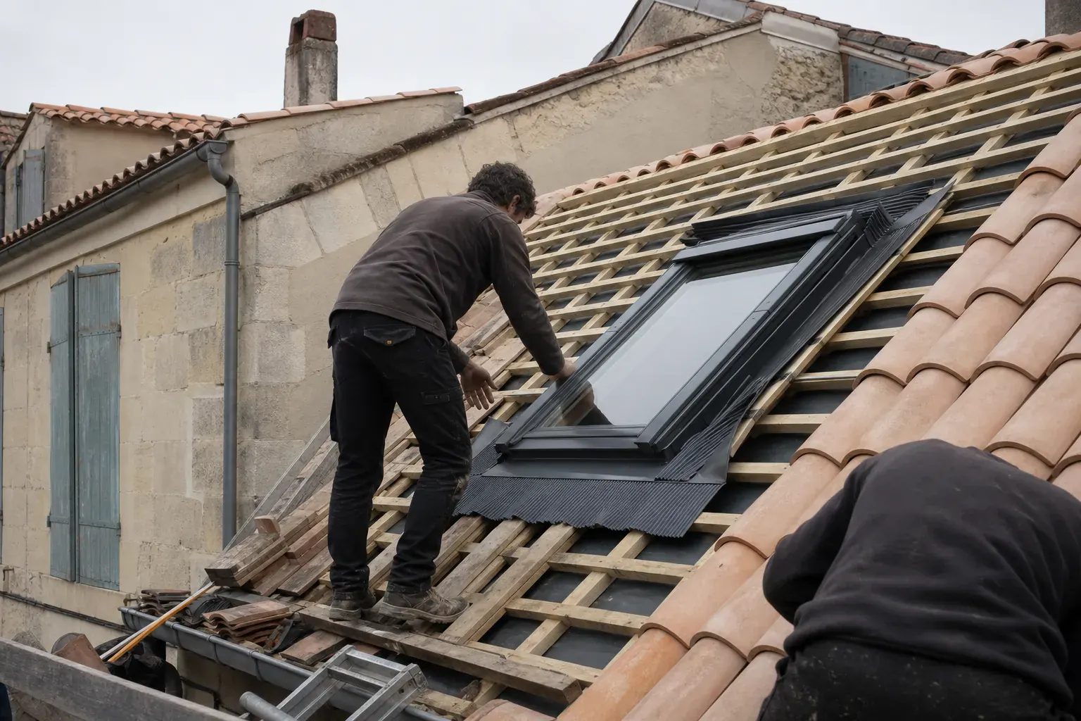 Fenêtre de toit en cours de pose dans un versant en tuiles, kit d’étanchéité en cours de façonnage
