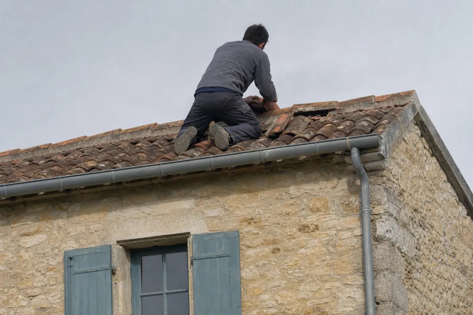 Reprise de quelques tuiles déplacées près du faîtage après un coup de vent, le reste du versant intact