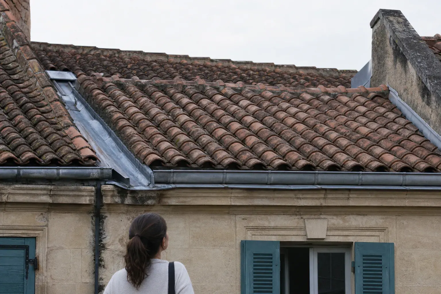 Toiture d’échoppe bordelaise vue de près, versant en tuiles de terre cuite entre deux murs pignons mitoyens