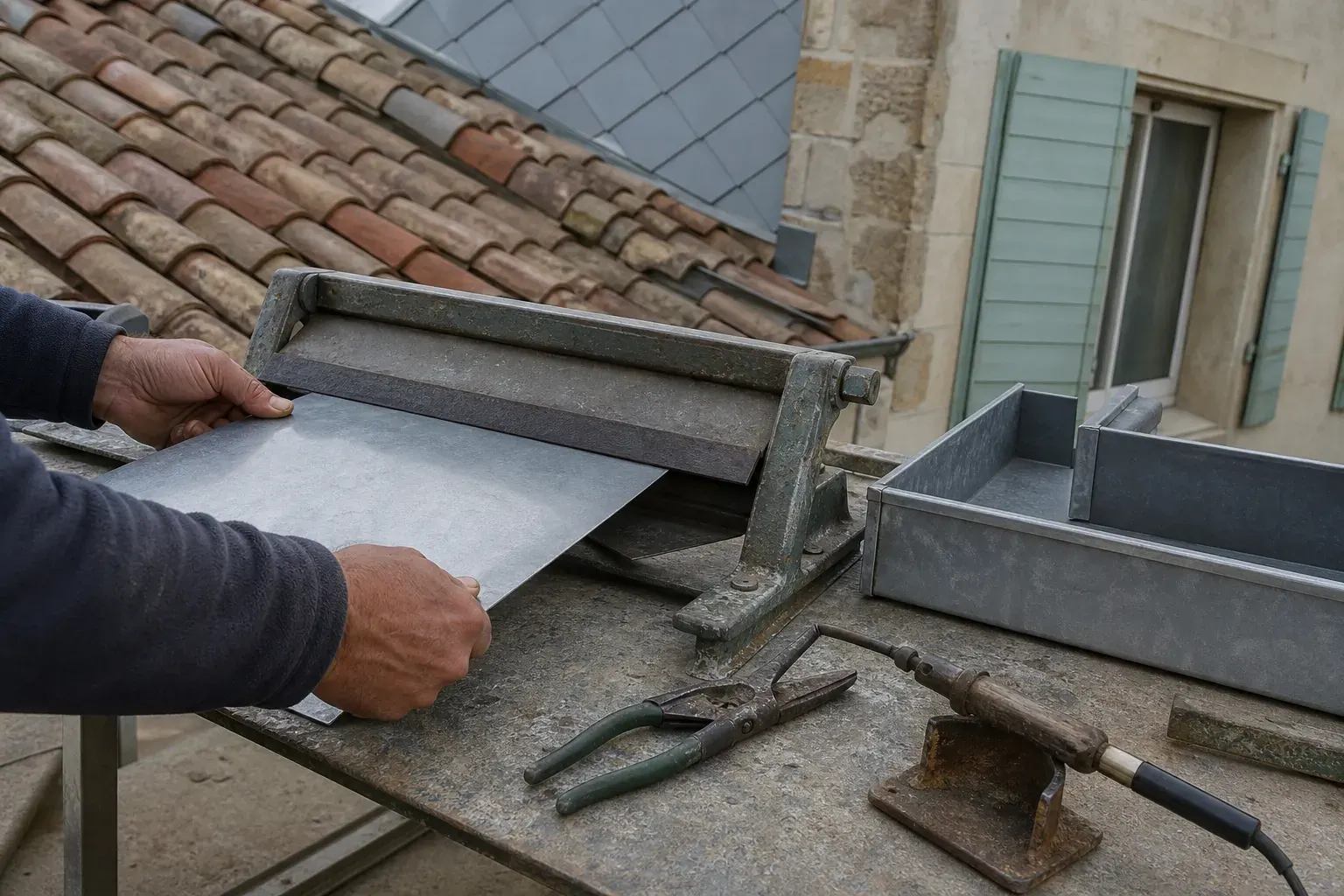 Feuille de zinc pliée sur une plieuse à main, pince à sertir et fer à souder posés à côté
