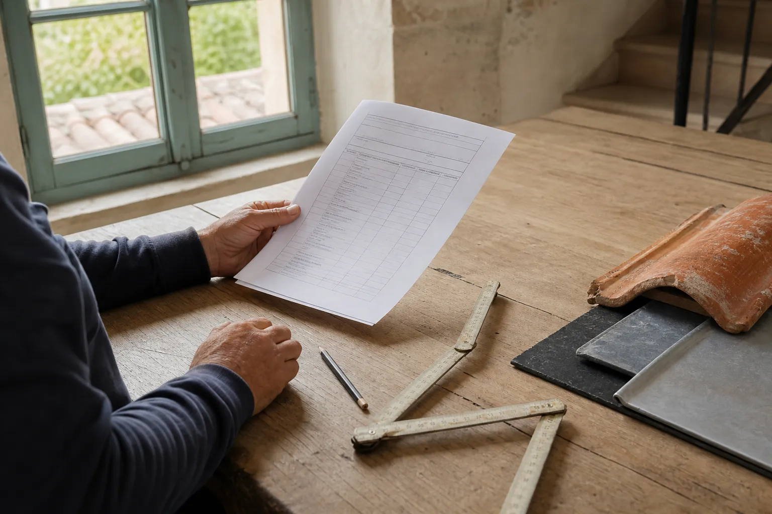 Devis détaillé imprimé sur une table en bois, mètre pliant, crayon et échantillons de tuiles à côté