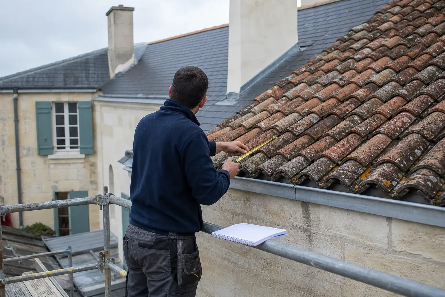 Couvreur de dos sur une plateforme d’échafaudage, mètre à la main et carnet posé sur le garde-corps