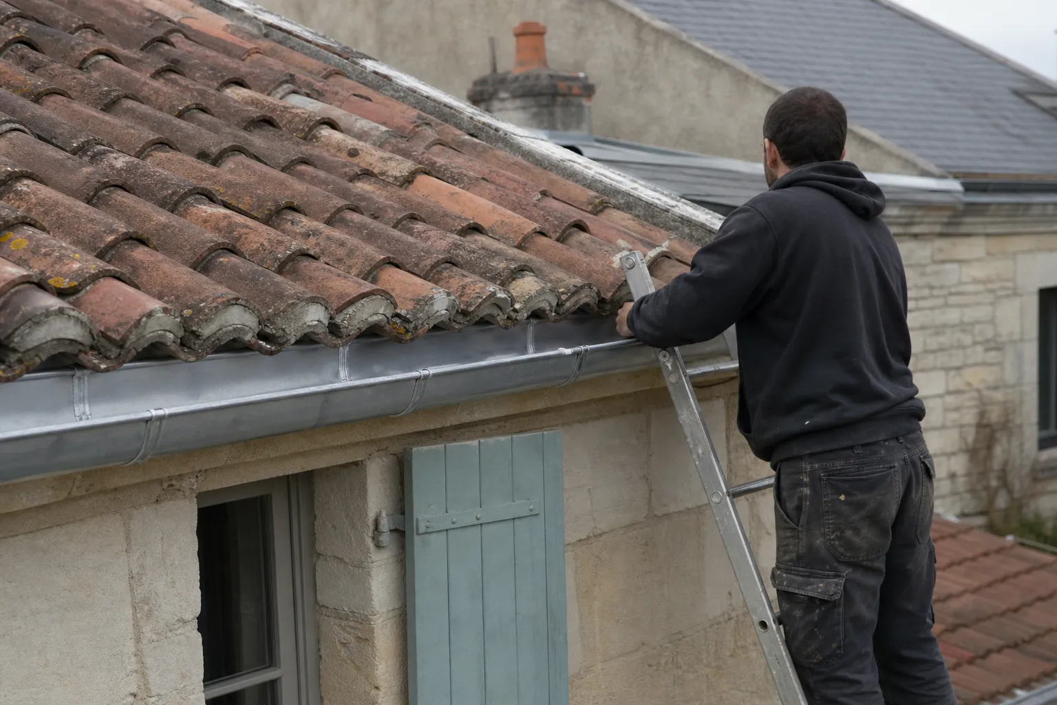 Chéneau en zinc neuf le long de l’égout du toit, soudures visibles et premier rang de tuiles dressé dessus
