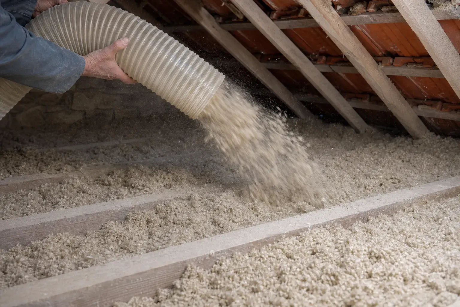 Isolant en vrac soufflé au tuyau dans un comble perdu, couche régulière entre les solives