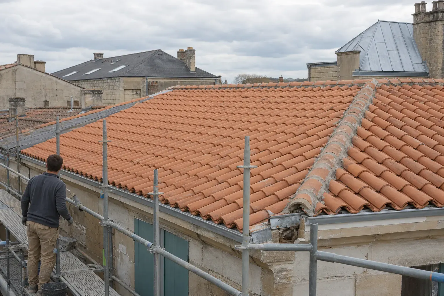 Toiture reprise en tuiles de terre cuite neuves, rangs réguliers et faîtage fraîchement scellé