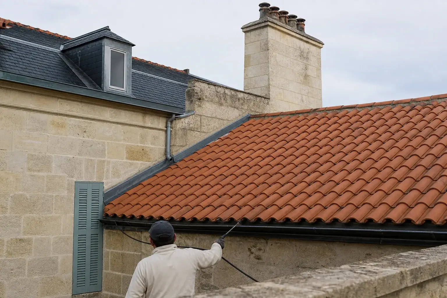 Le même type de versant après nettoyage et traitement, terre cuite nue et rangs de tuiles lisibles