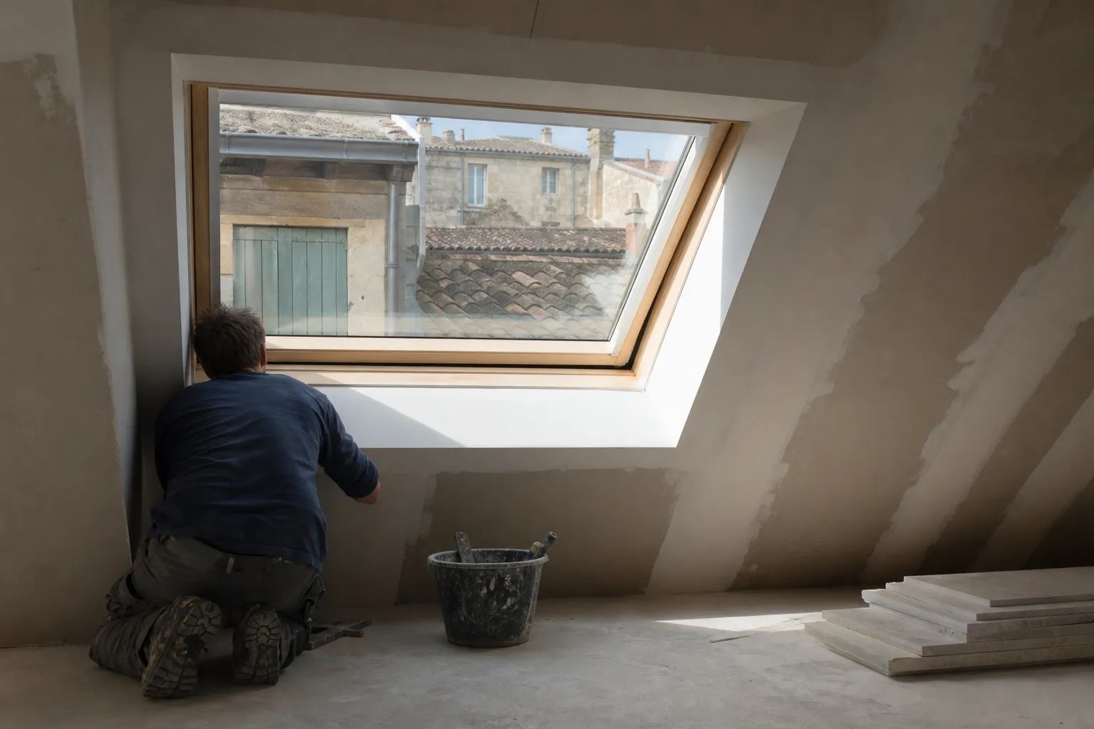 Fenêtre de toit neuve vue de l’intérieur d’un comble, lumière du jour sur l’embrasure en plaque de plâtre